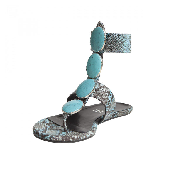 Carla Flat Sandal - Blue Python Turquoise Stones is one of Barcemoda’s most colorful ladies flat sandals.